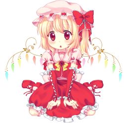 Rule 34 | 1girl, :o, adapted costume, alternate wings, blonde hair, blush, bow, detached sleeves, elbow gloves, female focus, flandre scarlet, full body, fuu (suisouseki), gloves, hat, nail polish, red eyes, side ponytail, sitting, solo, touhou, transparent background, v arms, wings