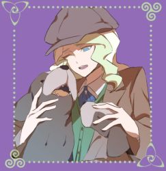 Rule 34 | 10s, 1girl, animal, bad id, bad twitter id, blonde hair, blue eyes, blush, diana cavendish, dog, formal, hat, little witch academia, long hair, mw p, one eye closed, open mouth, revealing clothes, suit