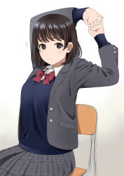 Rule 34 | 1girl, arms behind head, arms up, black eyes, black hair, blazer, blue sweater, blush, breasts, closed mouth, collared shirt, dress shirt, gradient background, grey background, grey jacket, grey skirt, interlocked fingers, jacket, long sleeves, looking at viewer, mattaku mousuke, notice lines, open clothes, open jacket, original, plaid, plaid skirt, pleated skirt, school uniform, shirt, skirt, sleeves past wrists, small breasts, solo, sweater, white background, white shirt
