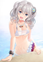 Rule 34 | 10s, 1girl, bikini, blue eyes, breasts, flower, groin, hair flower, hair ornament, highres, jewelry, kantai collection, kashima (kancolle), long hair, namiki system, necklace, open mouth, pool, silver hair, solo, swimsuit, twintails, wavy hair, wristband