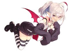 Rule 34 | 1girl, ahoge, badge, bag, black thighhighs, boots, button badge, collar, commentary request, cross-laced footwear, demon girl, demon wings, dyed ahoge, finger to mouth, floating, full body, grey hair, highres, jacket, jewelry, looking at viewer, makaino ririmu, makaino ririmu (2nd costume), medium hair, miniskirt, miruto netsuki, multicolored hair, necklace, nijisanji, off-shoulder jacket, off shoulder, open mouth, pink eyes, pointy ears, red collar, red hair, shoulder bag, simple background, skirt, sleeves past fingers, sleeves past wrists, smile, solo, strap, strap slip, streaked hair, striped clothes, striped thighhighs, thighhighs, twintails, virtual youtuber, white background, wings, zettai ryouiki