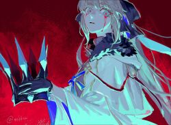 1girl aesc_(fate) aesc_(savior)_(fate) blonde_hair blood bloody_tears blue_eyes bow crown fate/grand_order fate_(series) fur_trim gloves hair_bow long_hair parted_lips red_background robe solo sskktn upper_body