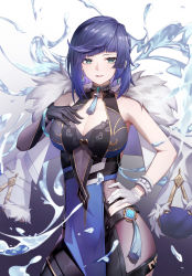 Rule 34 | 1girl, absurdres, bare shoulders, black gloves, blue dress, blue hair, blunt bangs, bob cut, bracelet, breasts, cowboy shot, diagonal bangs, dice, dress, earrings, elbow gloves, feather-trimmed jacket, fishnets, genshin impact, gloves, green eyes, hand on own hip, hand on own chest, highres, jacket, jacket on shoulders, jewelry, large breasts, looking at viewer, multicolored hair, neck tassel, parted lips, pelvic curtain, short hair, single elbow glove, single glove, sleeveless, sleeveless dress, solo, standing, ten-u, two-tone hair, vision (genshin impact), water, water drop, white background, white gloves, white jacket, yelan (genshin impact)