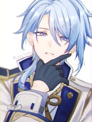 Rule 34 | 1boy, absurdres, artist name, black gloves, blue eyes, blue hair, brown ribbon, buttons, collared jacket, genshin impact, gloves, hair between eyes, hand on own face, hand up, highres, jacket, kamisato ayato, long sleeves, looking at viewer, male focus, medium hair, mole, mole under mouth, open clothes, open jacket, ponytail, ribbon, shirt, simple background, solo, standing, tassel, teeth, white background, white jacket, white ribbon, white shirt, yonemaru
