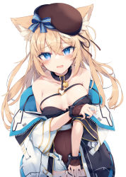 Rule 34 | 1girl, absurdres, animal ears, bare shoulders, beret, black choker, black hat, black shirt, blonde hair, blue eyes, breasts, camisole, choker, collarbone, covered navel, cowboy shot, crop top, embarrassed, fox ears, hat, highres, jacket, long hair, long sleeves, looking at viewer, medium breasts, multicolored clothes, multicolored jacket, nibiiro shizuka, off shoulder, open clothes, open fly, open jacket, open mouth, original, shirt, short shorts, shorts, simple background, sleeveless, sleeveless shirt, solo, spaghetti strap, standing, strap slip, tears, two-tone jacket, wavy mouth, white background, white shorts, wide sleeves