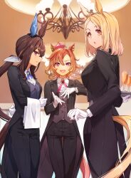 Rule 34 | 3girls, :o, admire vega (umamusume), animal ears, arm behind back, asymmetrical bangs, black jacket, black pants, blonde hair, brooch, brown hair, butler, champagne flute, chandelier, clothing cutout, collared shirt, cross tie, cup, drinking glass, feet out of frame, female butler, gloves, hand on own chest, highres, holding, holding tray, horse ears, horse girl, horse tail, indoors, jacket, jewelry, long hair, long sleeves, looking at viewer, low ponytail, multiple girls, nanaheibei 3, narita top road (umamusume), open clothes, open jacket, open mouth, orange hair, orange tail, pants, purple eyes, shirt, short hair, sideways mouth, smile, standing, t.m. opera o (umamusume), tail, tail through clothes, tailcoat, towel, tray, umamusume, vest, white gloves, white shirt, yellow eyes