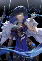 Rule 34 | 1girl, absurdres, arm up, black gloves, blue hair, bow (weapon), breasts, china dress, chinese clothes, dress, elbow gloves, eyebrows hidden by hair, fingerless gloves, genshin impact, gloves, green eyes, highres, holding, holding bow (weapon), holding weapon, jewelry, looking at viewer, necklace, shixuexiao, short hair, sleeveless, smile, solo, weapon, white gloves, yelan (genshin impact)