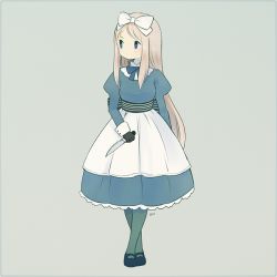 Rule 34 | 1girl, apron, asymmetrical bangs, axis powers hetalia, ayu (mog), belarus (hetalia), black gloves, blonde hair, blue dress, blue eyes, blue footwear, blue ribbon, blue shirt, blush, border, bow, dot nose, dress, frilled skirt, frills, full body, gloves, green pantyhose, grey background, hair bow, holding, holding knife, juliet sleeves, knife, long hair, long sleeves, looking away, looking to the side, mary janes, neck ribbon, pantyhose, puffy sleeves, reverse grip, ribbon, shirt, shoes, signature, simple background, skirt, solo, standing, swept bangs, very long hair, waist apron, white bow, wrist cuffs