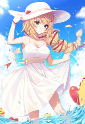 Rule 34 | 1girl, :o, absurdres, akai haato, arm up, armpits, bare shoulders, blonde hair, blue sky, blush, braid, breasts, cleavage, cloud, collarbone, creature, day, dress, floating hair, green eyes, hair ornament, hairclip, hand on headwear, hat, hat ornament, heart, heart hair ornament, heart hat ornament, highres, hololive, long hair, looking at viewer, medium breasts, neps-l, outdoors, parachute, parted lips, single braid, skirt hold, sky, sleeveless, sleeveless dress, solo, sparkle, standing, sun hat, sundress, underbust, very long hair, virtual youtuber, wading, water, water drop, white hat, wristband