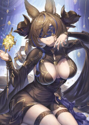 Rule 34 | 1girl, animal ears, black dress, blindfold, blue blindfold, blue hair, breasts, brown hair, cleavage, cleavage cutout, closed mouth, clothing cutout, dress, drill hair, drill ponytail, extra ears, galleon (granblue fantasy), galleon (life&#039;s compassionate observer) (granblue fantasy), granblue fantasy, highres, horns, large breasts, lips, long hair, long sleeves, multicolored hair, official alternate costume, pointy ears, purple nails, sitting, smile, solo, streaked hair, thigh strap, thighs, yuiko (yuiyuiko 108)