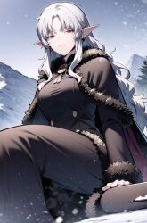 Rule 34 | 1girl, black dress, closed mouth, dress, highres, long sleeves, looking at viewer, mountain, ophelia (solo max-level newbie), red eyes, serious, sitting, snow, solo max-level newbie, vampire, white background