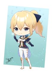Rule 34 | 1girl, belt, blonde hair, blue background, blue belt, blue capelet, blue eyes, boots, breasts, capelet, chibi, closed mouth, commentary, dandelion, flower, full body, gauntlets, genshin impact, gradient background, high ponytail, highres, holding, jean (genshin impact), long hair, looking at viewer, medium breasts, pants, signature, small breasts, solo, standing, thigh boots, white footwear, white pants, yumeu