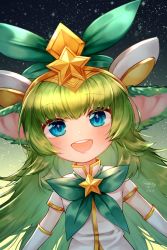 Rule 34 | 1girl, :d, artist name, blue eyes, blush, bow, bowtie, elbow gloves, gloves, gradient background, green background, green bow, green bowtie, green hair, hair ornament, highres, league of legends, long hair, looking at viewer, lulu (league of legends), open mouth, pointy ears, short sleeves, shrimp cake, smile, solo, star (symbol), star guardian (league of legends), star guardian lulu, star hair ornament, starry background, teeth, upper body, upper teeth only, watermark, white gloves, yordle