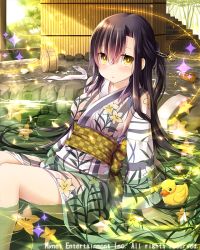Rule 34 | 1girl, bathing, black hair, blush, breasts, checkered sash, falkyrie no monshou, flower, hair ornament, hairclip, large breasts, long hair, looking at viewer, natsumekinoko, official art, parted lips, rubber duck, solo, towel, yellow eyes