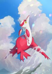 Rule 34 | above clouds, absurdres, claws, cloud, commentary request, creatures (company), day, flying, full body, game freak, gen 3 pokemon, highres, latias, legendary pokemon, nintendo, no humans, nullma, outdoors, parted lips, pokemon, pokemon (creature), sky, solo, yellow eyes