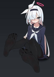Rule 34 | 1girl, plana (blue archive), absurdres, black pantyhose, blue archive, blush, feet, hair over one eye, hairband, hand on own knee, highres, long hair, looking at viewer, pantyhose, school uniform, serafuku, silver hair, soles, toes