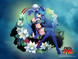 Rule 34 | 1girl, blue eyes, blue footwear, blue hair, blue thighhighs, boots, bun cover, character request, copyright name, detached sleeves, dress, fists of fu, flower, full body, hair bun, highres, logo, matching hair/eyes, midriff, navel, short hair, sidelocks, sitting, smile, solo, thigh boots, thighhighs, twintails