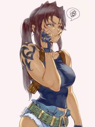 Rule 34 | 1girl, ajifriparty, belt, black lagoon, brown eyes, brown hair, cigarette, covered erect nipples, denim, denim shorts, fingerless gloves, gloves, highres, holster, looking to the side, ponytail, revy (black lagoon), short shorts, shorts, shoulder holster, shoulder tattoo, smoking, solo, tank top, tattoo, toned, unbuttoned, white background