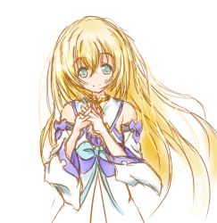 Rule 34 | 1girl, bare shoulders, blonde hair, blue eyes, blush, colette brunel, detached sleeves, dress, jewelry, long hair, ribbon, smile, tales of (series), tales of asteria, tales of symphonia
