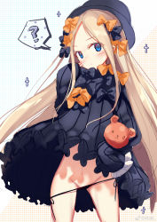 Rule 34 | 1girl, ?, abigail williams (fate), absurdres, black bow, black dress, black hat, black panties, blonde hair, blue eyes, blush, bow, bug, butterfly, closed mouth, cowboy shot, cross, dress, fate/grand order, fate (series), groin, hat, head tilt, hecha (01964237), highres, hugging object, insect, long hair, long sleeves, looking at viewer, navel, orange bow, panties, panty pull, parted bangs, polka dot, polka dot bow, side-tie panties, sketch, sleeves past wrists, solo, sparkle, spoken question mark, stuffed animal, stuffed toy, teddy bear, underwear, very long hair, weibo username