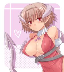 Rule 34 | 1girl, amane hasuhito, bad id, bad pixiv id, belt, blush, breasts, brown hair, choker, cleavage, demon girl, demon tail, horns, large breasts, leotard, original, pointy ears, red eyes, red leotard, short hair, solo, tail