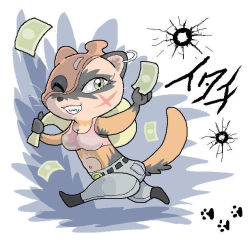 Rule 34 | 1girl, aliasing, artist request, banknote, belt, breasts, bullet hole, crime, female focus, full body, furry, furry female, green eyes, grin, happy, midriff, money, motion lines, one eye closed, pants, robbing, running, scar, small breasts, smile, solo, tagme, tail, wink