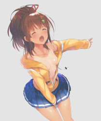 Rule 34 | 10s, 1girl, bad id, bad pixiv id, bare shoulders, blush, breasts, brown hair, closed eyes, hair ribbon, high ponytail, high school fleet, highres, hood, hoodie, irizaki mei, long hair, one-piece tan, open clothes, open mouth, por (downletgo), ribbon, small breasts, solo, tan, tanline