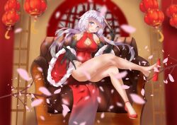 Rule 34 | 1girl, absurdres, alternate costume, azur lane, bare legs, breasts, china dress, chinese clothes, chinese new year, cleavage, cleavage cutout, clothing cutout, crossed legs, dress, elbow gloves, full body, gloves, highres, illustrious (azur lane), lantern, large breasts, looking at viewer, outstretched arm, routi liyun, shoes, sitting, sleeveless, sleeveless dress, tri tails, white hair