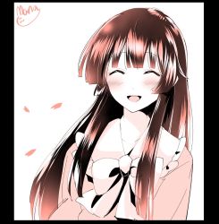 Rule 34 | 1girl, :3, ^ ^, artist name, blush, bow, dress, closed eyes, highres, hime cut, houraisan kaguya, mana (tsurubeji), monochrome, open mouth, petals, signature, simple background, sketch, smile, solo, touhou, translation request, white background