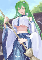 Rule 34 | 1girl, absurdres, blue dress, blush, breasts, crop top, crop top overhang, detached sleeves, dress, frog, frog hair ornament, green eyes, green hair, gunnjou yosio, hair ornament, hair tubes, highres, japanese clothes, kochiya sanae, large breasts, long hair, long skirt, looking at viewer, midriff, miko, mountain of faith, navel, no bra, nontraditional miko, shirt, skirt, sleeveless, sleeveless shirt, smile, snake, snake hair ornament, solo, touhou, underboob, white shirt