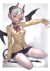 Rule 34 | 1girl, absurdres, bow, bowtie, breasts, cardigan, choker, collared shirt, demon girl, demon horns, demon tail, demon wings, green eyes, highres, hitowa, horns, looking at viewer, medium breasts, mole, mole under mouth, multicolored hair, o-ring, o-ring choker, open mouth, original, outstretched arm, pleated skirt, school uniform, shirt, short hair, skirt, solo, streaked hair, tail, thighhighs, white hair, white thighhighs, wings