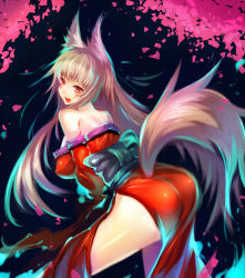 Rule 34 | 1girl, animal ears, ass, blonde hair, blush, breasts, covered erect nipples, fox ears, fox tail, highres, japanese clothes, kimono, kongiku, leaning forward, mamuru, oboro muramasa, open mouth, red eyes, side slit, solo, tail, tail through clothes