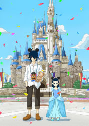 Rule 34 | 1boy, 1girl, absurdres, bad id, bad pixiv id, black hair, black pants, blue dress, blue footwear, brown footwear, castle, child, cinderella (disney), cinderella (disney) (cosplay), confetti, cosplay, day, disney, dress, facial hair, father and daughter, flag, goto hime, goto kakushi, hair over one eye, highres, holding, holding stuffed toy, kakushigoto, long sleeves, mickey mouse ears, mr. potato head, outdoors, pants, paruko50, shirt, shoes, standing, stubble, stuffed animal, stuffed toy, teddy bear, white shirt