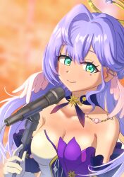 Rule 34 | 1girl, aqua eyes, bare shoulders, breasts, choker, cleavage, commentary request, facial mark, gloves, head wings, holding, honkai: star rail, honkai (series), long hair, looking at viewer, medium breasts, microphone, microphone stand, mitori sabi, partial commentary, purple choker, purple hair, robin (honkai: star rail), smile, solo, upper body, white gloves, wings