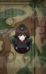 Rule 34 | 1girl, black hat, black jacket, blue eyes, camouflage, commentary, dated, dress shirt, ehirorotoon, english text, from above, garrison cap, girls und panzer, grin, hands on own hips, happy birthday, hat, hida ema, highres, insignia, jacket, kuromorimine military uniform, long sleeves, looking at viewer, maus (tank), military hat, military uniform, military vehicle, motor vehicle, red shirt, shirt, short hair, smile, solo, tank, uniform, wing collar