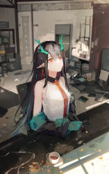 Rule 34 | 1girl, absurdres, ai-assisted, animal ears, arknights, bare arms, black hair, blurry, book, breasts, calligraphy brush, closed mouth, clothing cutout, commentary request, cup, depth of field, detached sleeves, drop earrings, dusk (arknights), earrings, facing viewer, gloves, green gloves, green horns, hair between eyes, highres, holding, holding brush, horns, hxhln, indoors, jewelry, long hair, looking afar, looking up, medium breasts, necktie, on chair, orange eyes, paintbrush, pointy ears, red necktie, shirt, sitting, sleeveless, sleeveless shirt, solo, teacup, white shirt