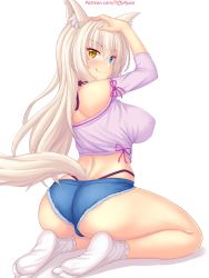 Rule 34 | :q, animal ear fluff, animal ears, ass, blue eyes, blush, breasts, cat ears, cat tail, coconut (nekopara), denim, denim shorts, hand on head, heterochromia, highres, large breasts, long hair, looking at viewer, looking back, nekopara, no shoes, nottytiffy, panties, patreon username, platinum blonde hair, purple shirt, shirt, short shorts, shorts, simple background, slit pupils, smile, socks, soles, tail, tongue, tongue out, underwear, white background, yellow eyes
