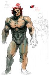 Rule 34 | 1boy, abs, black sclera, capcom, character sheet, colored sclera, concept art, dark skin, dark-skinned male, akuma (street fighter), male focus, muscular, no penis, nude, official art, red eyes, red hair, street fighter, street fighter iv (series), topknot