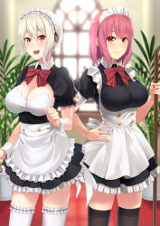 Rule 34 | 10s, 2girls, :d, alternate costume, apron, arato hisako, backlighting, black legwear, blonde hair, blurry, bow, bowtie, breasts, broom, brown eyes, cleavage, depth of field, enmaided, framed breasts, frilled apron, frilled legwear, frilled sleeves, frills, hand on own hip, large breasts, long hair, looking at viewer, maid, maid apron, maid headdress, mop, multiple girls, nakiri alice, open mouth, pink hair, plant, potted plant, prime, purple hair, red bow, red eyes, shokugeki no souma, short hair, short sleeves, silver hair, skindentation, smile, standing, thighhighs, underbust, white legwear, window, wrist cuffs, zettai ryouiki