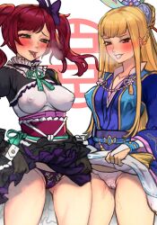 Rule 34 | 2girls, ass, black gloves, blonde hair, blue kimono, blunt bangs, blush, braid, breasts, breath, brown eyes, cameltoe, chacha, chacha (sengoku musou), cleft of venus, clothes lift, collar, collarbone, collared dress, dress, eyebrows, eyelashes, flashing, frilled dress, frilled shirt collar, frilled skirt, frills, gloves, gluteal fold, goth fashion, green eyes, grin, hair bun, hair ornament, hair ribbon, highres, hosokawa gracia, japanese clothes, jewelry, kimono, kimono skirt, lace, lace-trimmed panties, lace trim, large breasts, legs, lingerie, lips, lipstick, long bangs, long hair, long sleeves, looking at viewer, makeup, medium hair, multiple girls, necklace, covered erect nipples, obi, panties, ponytail, purple panties, pussy juice, pussy juice drip through clothes, pussy juice stain, pussy juice trail, r123, red hair, ribbon, ring, sash, sengoku musou, skirt, skirt lift, smile, swept bangs, teasing, teeth, thighs, tight clothes, tongue, tongue out, twintails, underwear, wet, wet clothes, wet panties, white background, white panties, wrist cuffs