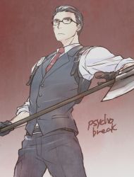 Rule 34 | 1boy, axe, black hair, blood, blood on face, brown eyes, chori (chokiri), copyright name, glasses, gloves, holster, joseph oda, male focus, necktie, shoulder holster, solo, the evil within, vest, waistcoat, weapon