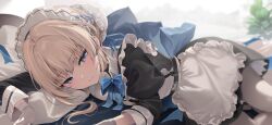 Rule 34 | 1girl, apron, black dress, blonde hair, blue archive, blue bow, blue bowtie, blue eyes, blue ribbon, blush, bow, bowtie, breasts, bun cover, closed mouth, dress, frilled apron, frills, hair bun, highres, juliet sleeves, lips, long sleeves, looking at viewer, lying, maid, maid headdress, medium breasts, on stomach, puffy sleeves, ribbon, short hair, solo, toki (blue archive), white apron, zerocat