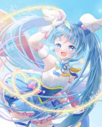 Rule 34 | 1girl, arm up, blue cape, blue dress, blue eyes, blue hair, bow, brooch, cape, commentary, cowboy shot, cure sky, cut bangs, detached sleeves, drawing, dress, dress bow, earclip, earrings, fingerless gloves, frilled dress, frills, gloves, heart, highres, hirogaru sky! precure, holding, holding pen, jewelry, leaning forward, light particles, light trail, lilylily0601, long hair, looking at viewer, magical girl, mirage pen, multicolored hair, open mouth, pen, pink hair, precure, puffy detached sleeves, puffy sleeves, red cape, short dress, single earring, single sidelock, sleeveless, sleeveless dress, smile, solo, sora harewataru, sparkle, standing, streaked hair, thighhighs, twintails, two-sided cape, two-sided fabric, two-tone dress, two-tone hair, very long hair, white dress, white gloves, white thighhighs, wing brooch, wing hair ornament