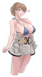 Rule 34 | 1girl, absurdres, belt, bikini, bikini under clothes, blue bikini, blue eyes, breasts, brown hair, cleavage, collarbone, cowboy shot, cropped legs, grey skirt, highres, intrepid (kancolle), kantai collection, large breasts, ponytail, short hair, simple background, skirt, solo, sozan, swimsuit, swimsuit under clothes, undressing, white background