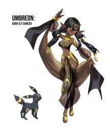 Rule 34 | 1girl, absurdres, arm up, barefoot, black hair, breasts, character name, creatures (company), crossed legs, dancer, dark elf, dark skin, detached sleeves, elf, english text, full body, game freak, gen 2 pokemon, gold trim, harem outfit, harem pants, highres, jewelry, long hair, long pointy ears, looking at viewer, low twintails, medium breasts, nail polish, navel, nintendo, official art inset, pants, pelvic curtain, personification, pointy ears, pokemon, pokemon (creature), red eyes, reference inset, rhymewithray, see-through, shawl, smile, solo, twintails, umbreon, very dark skin, watson cross, white background