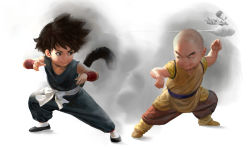 Rule 34 | 2boys, clothing request, commentary, dougi, dragon ball, fighting stance, flying, flying nimbus, highres, kuririn, looking away, multiple boys, sangsoo jeong, simple background, son goku, tagme, tail, white background