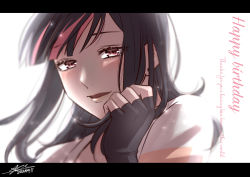 Rule 34 | 1girl, black gloves, black hair, blush, close-up, commentary, commentary request, dated, english text, fingerless gloves, gloves, hand up, happy birthday, highres, letterboxed, long hair, looking at viewer, multicolored hair, open mouth, signature, smile, so (s field93870), solo, striped, swindler (akudama drive), symbol-only commentary, white background
