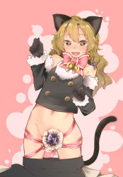 Rule 34 | 1boy, adapted costume, animal ears, bad id, bad pixiv id, bar censor, bare shoulders, black gloves, black shirt, black skirt, black sleeves, blonde hair, blush, bow, braid, brown eyes, cat ears, cat tail, censored, clothes pull, commentary request, cookie (touhou), cowboy shot, crop top, detached sleeves, fur-trimmed sleeves, fur trim, genderswap, genderswap (ftm), gloves, hair between eyes, hair bow, heart, heart-shaped pupils, highres, kemonomimi mode, kirisame marisa, long hair, looking at viewer, male focus, meji aniki, navel, open mouth, penis, penis bow, pink background, pink bow, pink ribbon, purple bow, rei (cookie), ribbon, shirt, side braid, single braid, skirt, skirt pull, sleeveless, sleeveless shirt, solo, symbol-shaped pupils, tail, tongue, touhou, trap