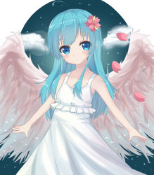 Rule 34 | 1girl, absurdres, ahoge, angel wings, armpits, bare shoulders, blue eyes, blue hair, blush, breasts, cherry blossoms, cloud, dress, expressionless, flower, frilled dress, frills, hair flower, hair ornament, highres, l4no, long hair, looking at viewer, matching hair/eyes, night, night sky, original, outdoors, petals, sakamachi shiro, self-upload, shiro sakamachi, sidelocks, sky, small breasts, solo, white dress, white wings, wings