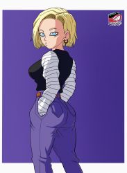 Rule 34 | 1girl, android 18, ass, blonde hair, blue eyes, breasts, denim, dragonball z, earrings, flytrapxx, from behind, hands in pockets, highres, jeans, jewelry, large breasts, long sleeves, looking at viewer, looking back, pants, parted lips, short hair, sideboob, solo
